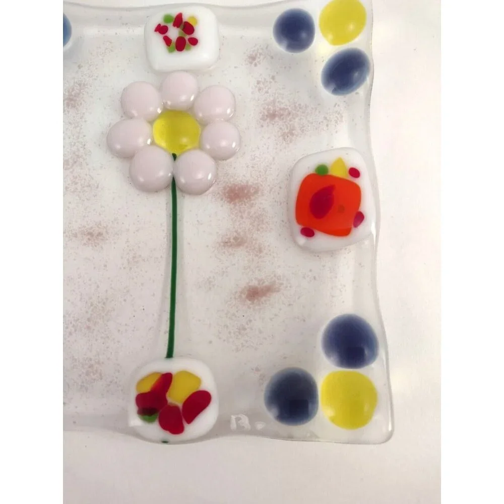 Murano Style Fused Art Glass Trinket Dish Tray Flower Jewelry Square 6